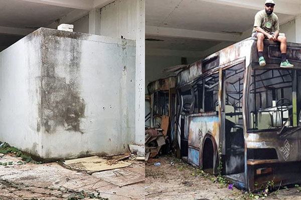 IG讚爆！葡萄牙塗鴉網紅，用廢棄磚牆「畫出」一台廢棄巴士！